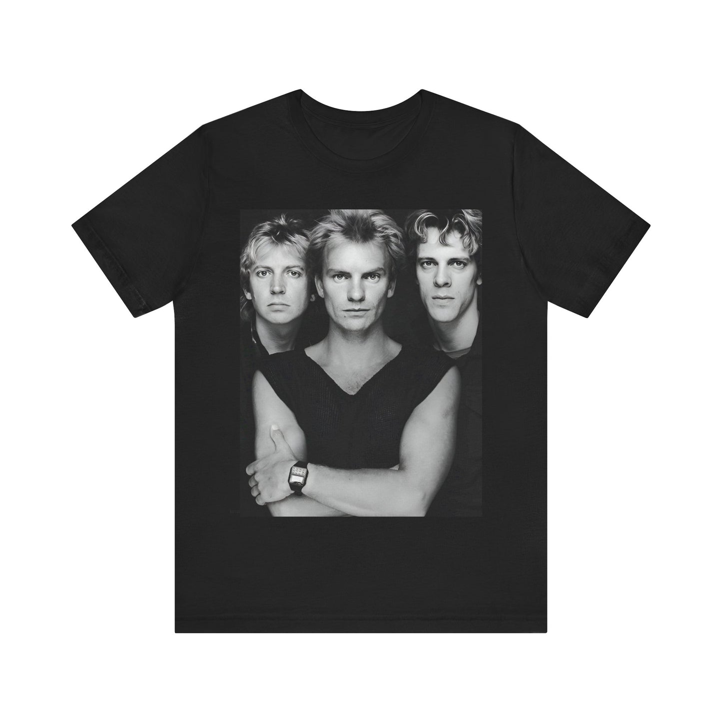 A black graphic t-shirt featuring a graphic related to The Police's 'Every Breath You Take' song or era.