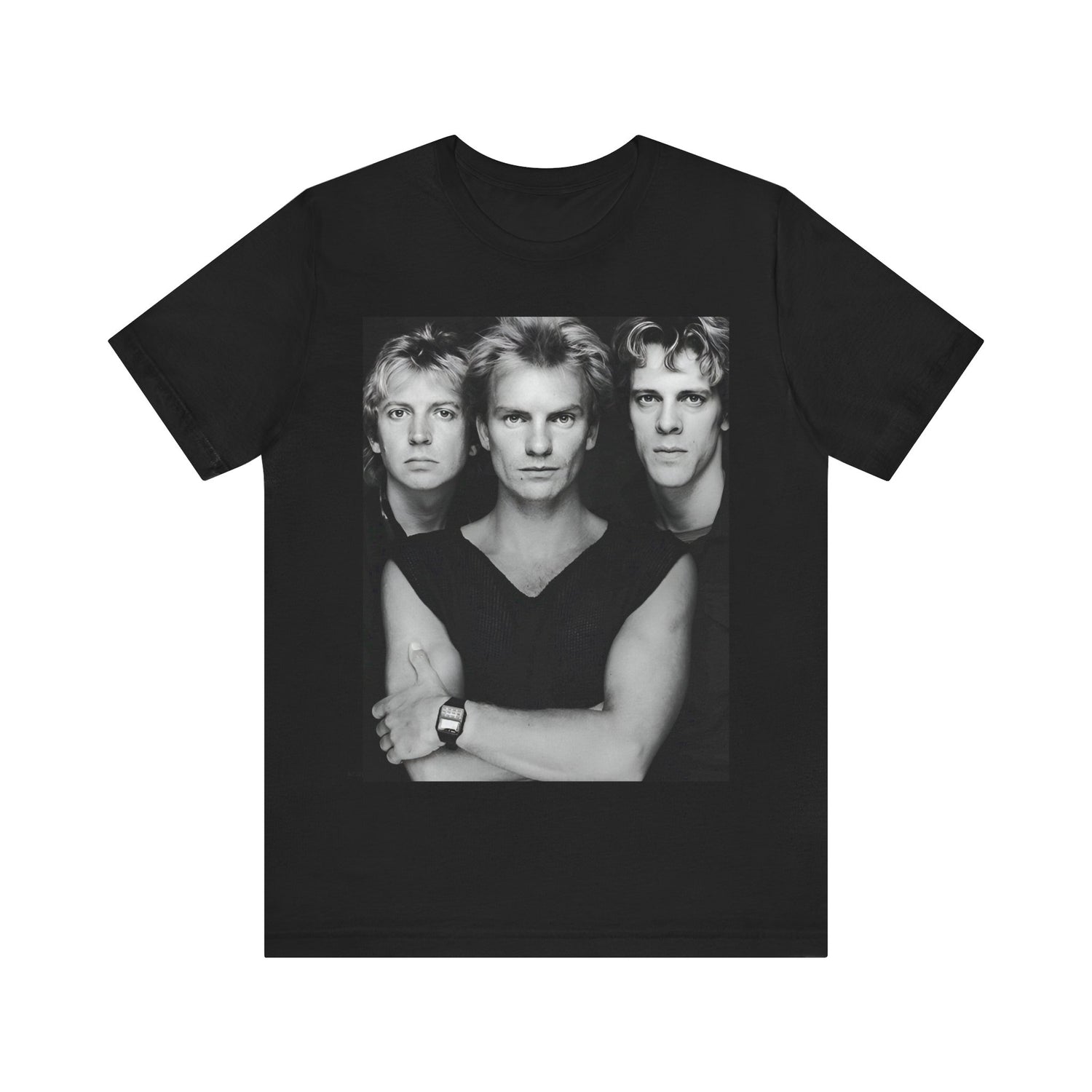 A black graphic t-shirt featuring a graphic related to The Police's 'Every Breath You Take' song or era.