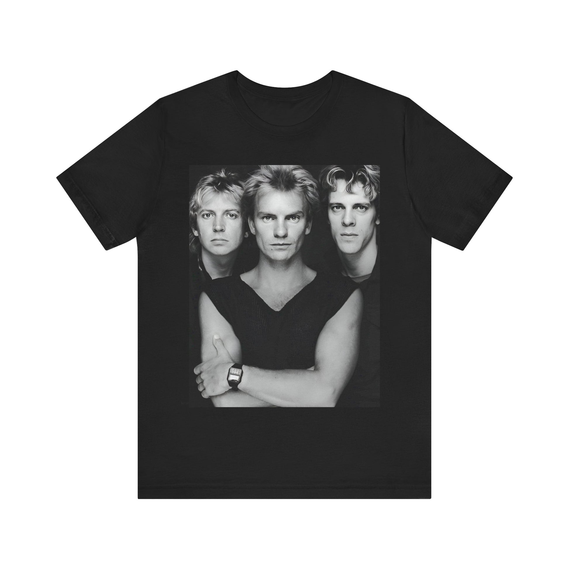 A black graphic t-shirt featuring a graphic related to The Police's 'Every Breath You Take' song or era.