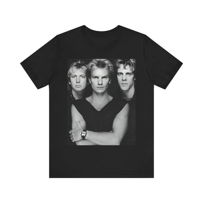A black graphic t-shirt featuring a graphic related to The Police's 'Every Breath You Take' song or era.