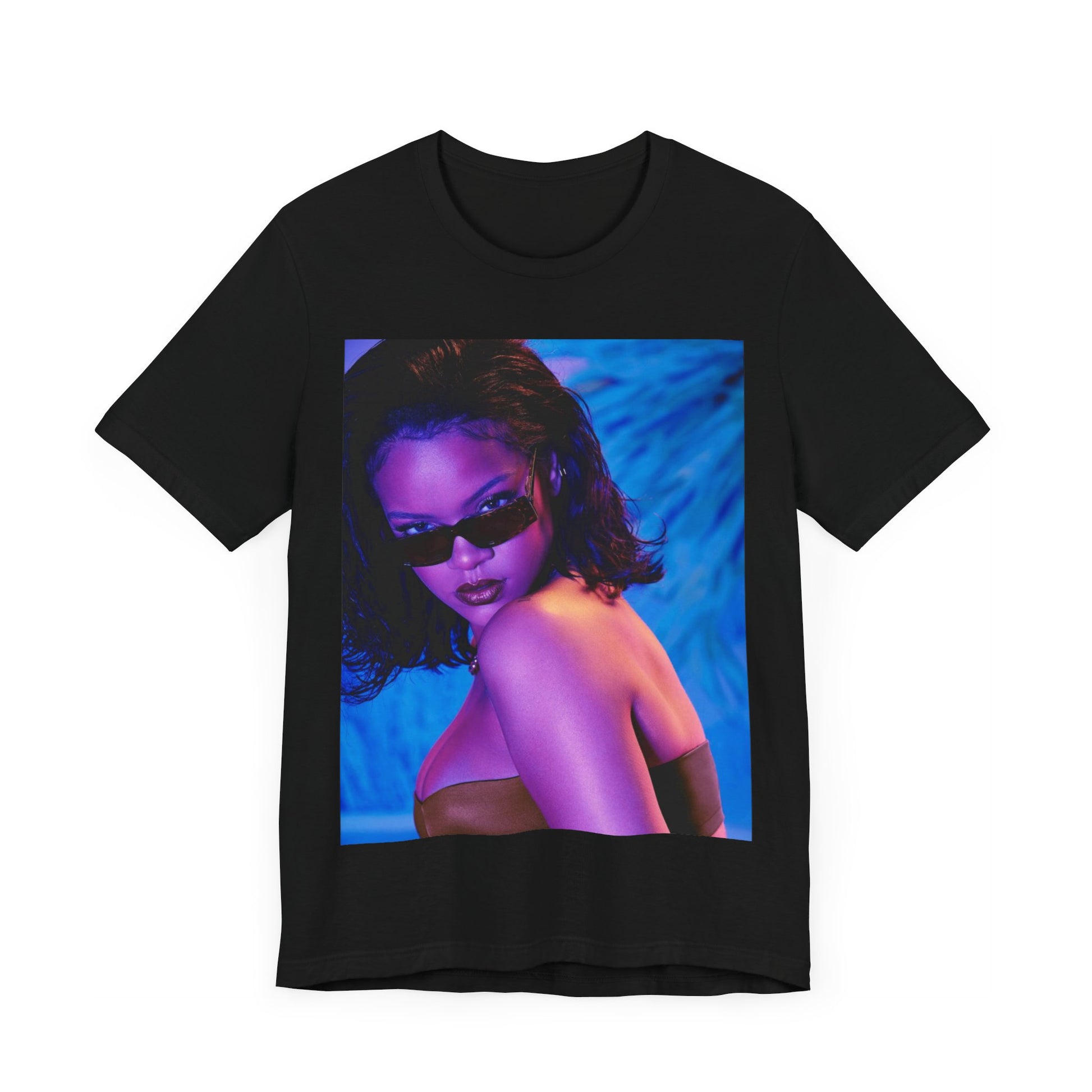 A black graphic t-shirt featuring a retro graphic related to Rihanna's 'Umbrella' song or era.
