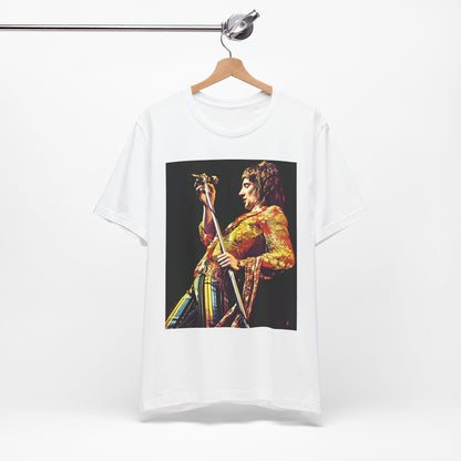 A black graphic t-shirt featuring a fierce graphic of Rod Stewart performing on stage from the 70s.