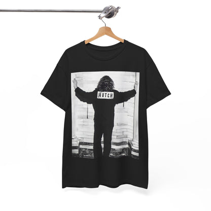 A black graphic t-shirt featuring a graphic of Michael Hutchence from INXS, labeled 'Hutch'.