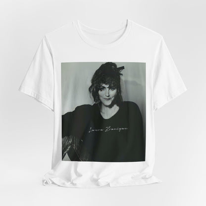 A black graphic t-shirt featuring a casual 80s pop fan graphic of Laura Branigan.