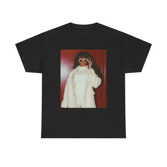 A black graphic t-shirt featuring a glamorous graphic of Megan Thee Stallion.