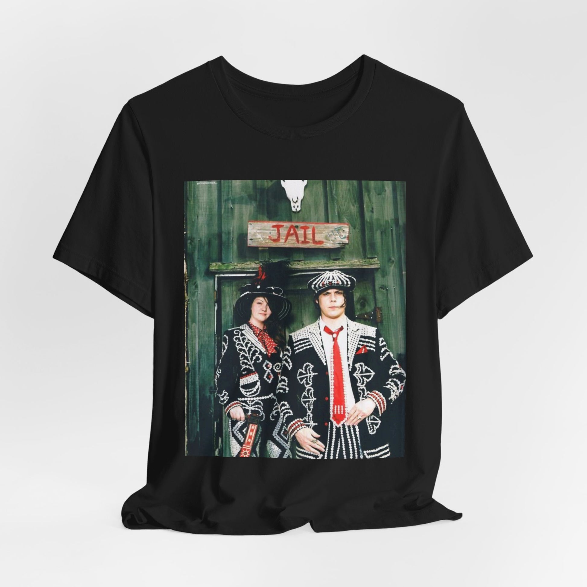 A black graphic t-shirt featuring a graphic of Jack and Meg White from The White Stripes.
