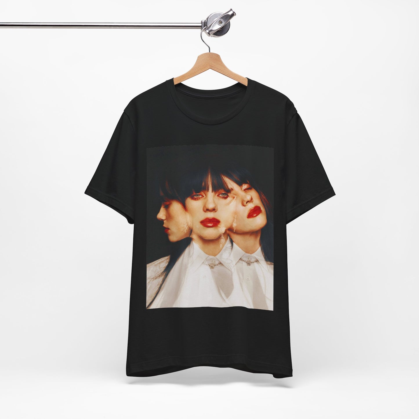 A classic, glamorous portrait of Billie Eilish as a pop star, with blonde hair and a confident gaze, printed on a t-shirt.