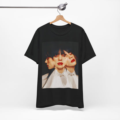 A classic, glamorous portrait of Billie Eilish as a pop star, with blonde hair and a confident gaze, printed on a t-shirt.