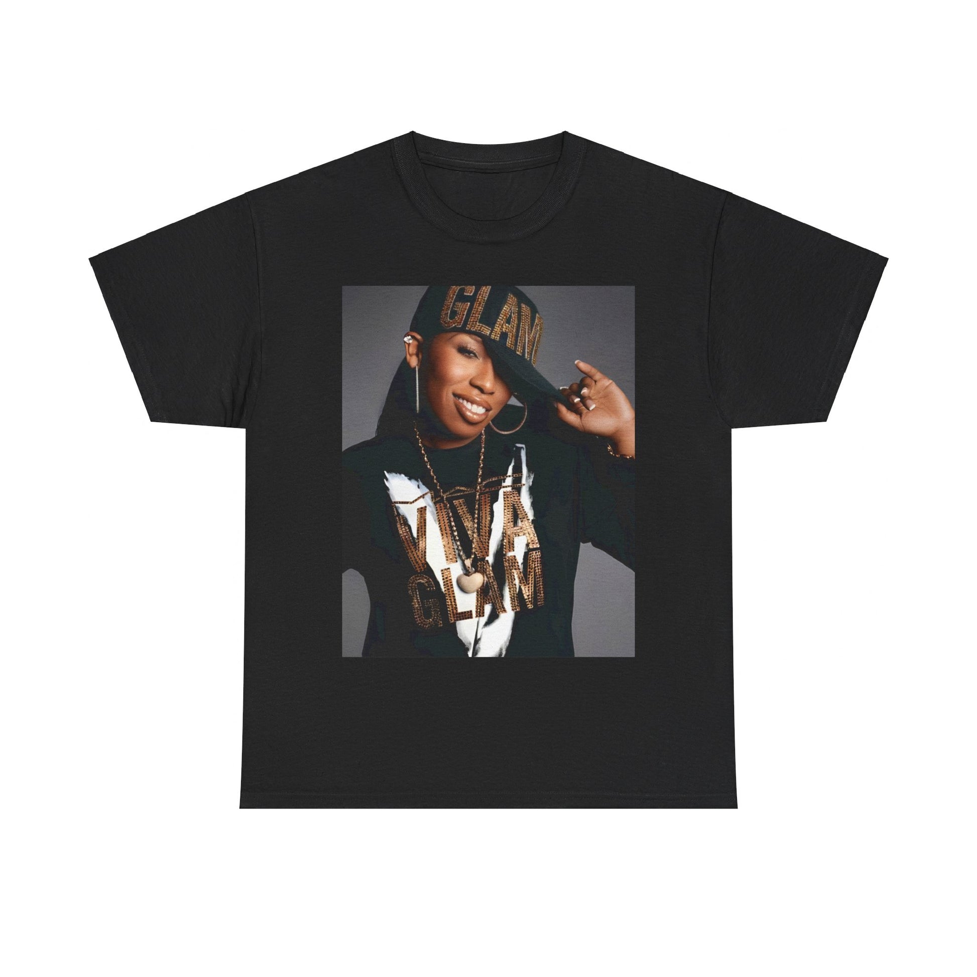 A black graphic t-shirt featuring a 90s graphic of Missy Elliott as a global rap phenomenon.