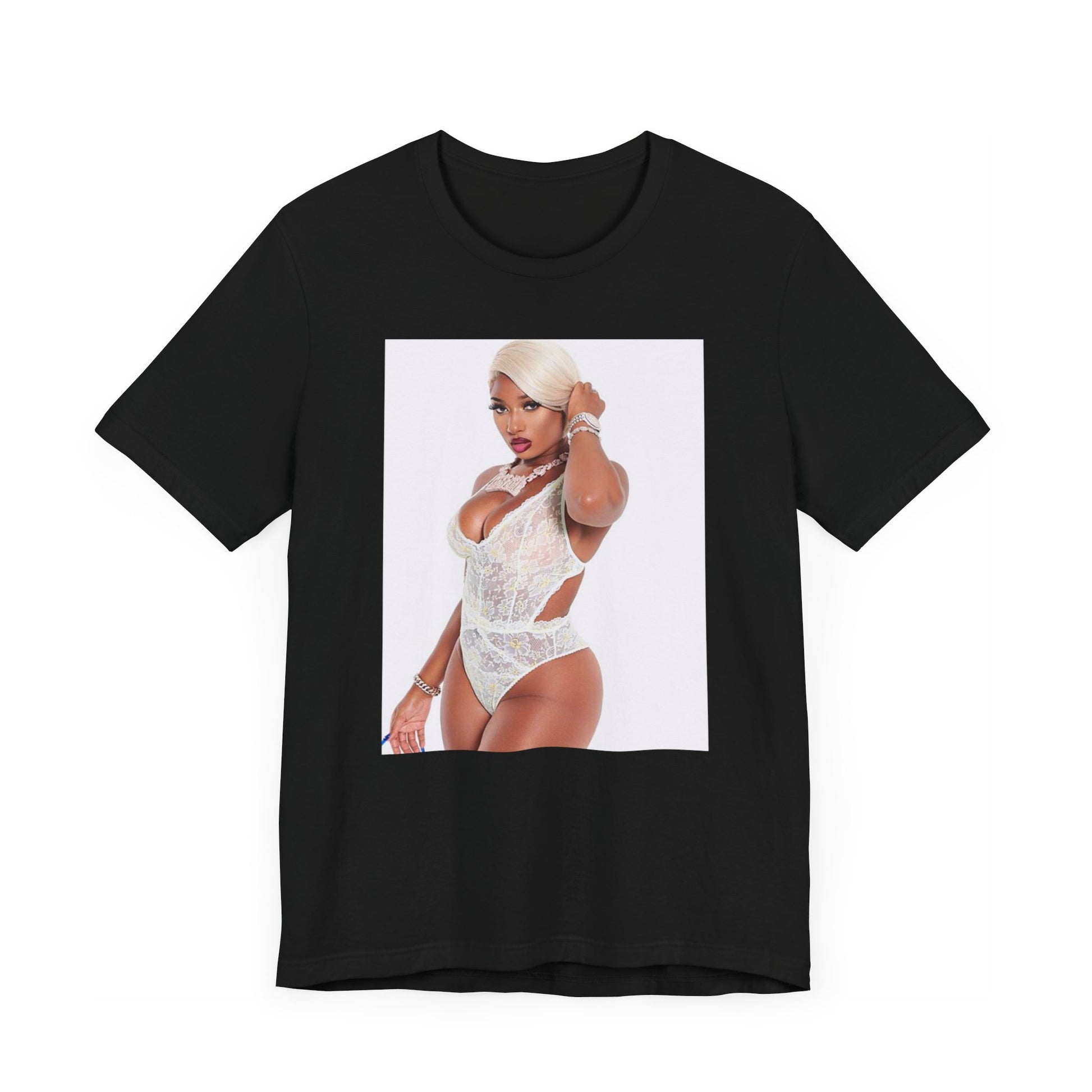A black graphic t-shirt featuring a graphic of Megan Thee Stallion in a 'Hot Girl' rap style.