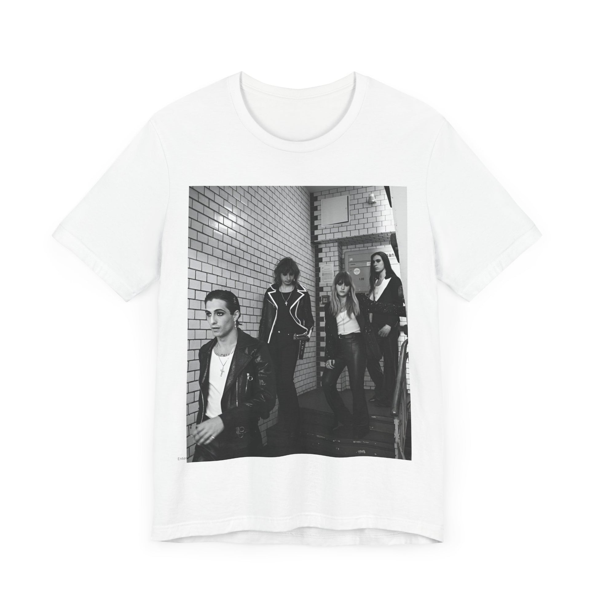 A black graphic t-shirt featuring a black and white graphic or photo of Maneskin in a backstage setting.