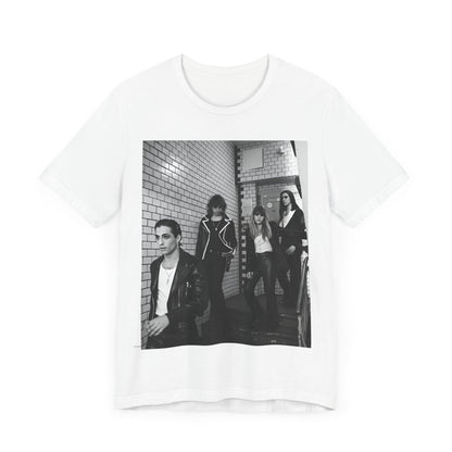 A black graphic t-shirt featuring a black and white graphic or photo of Maneskin in a backstage setting.