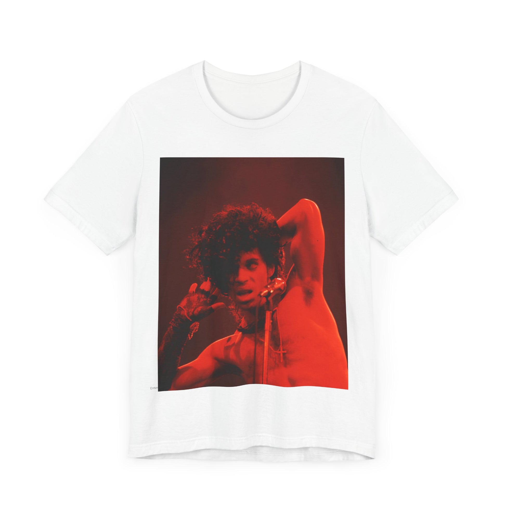 A black graphic t-shirt featuring a concert pop fan graphic of Prince.