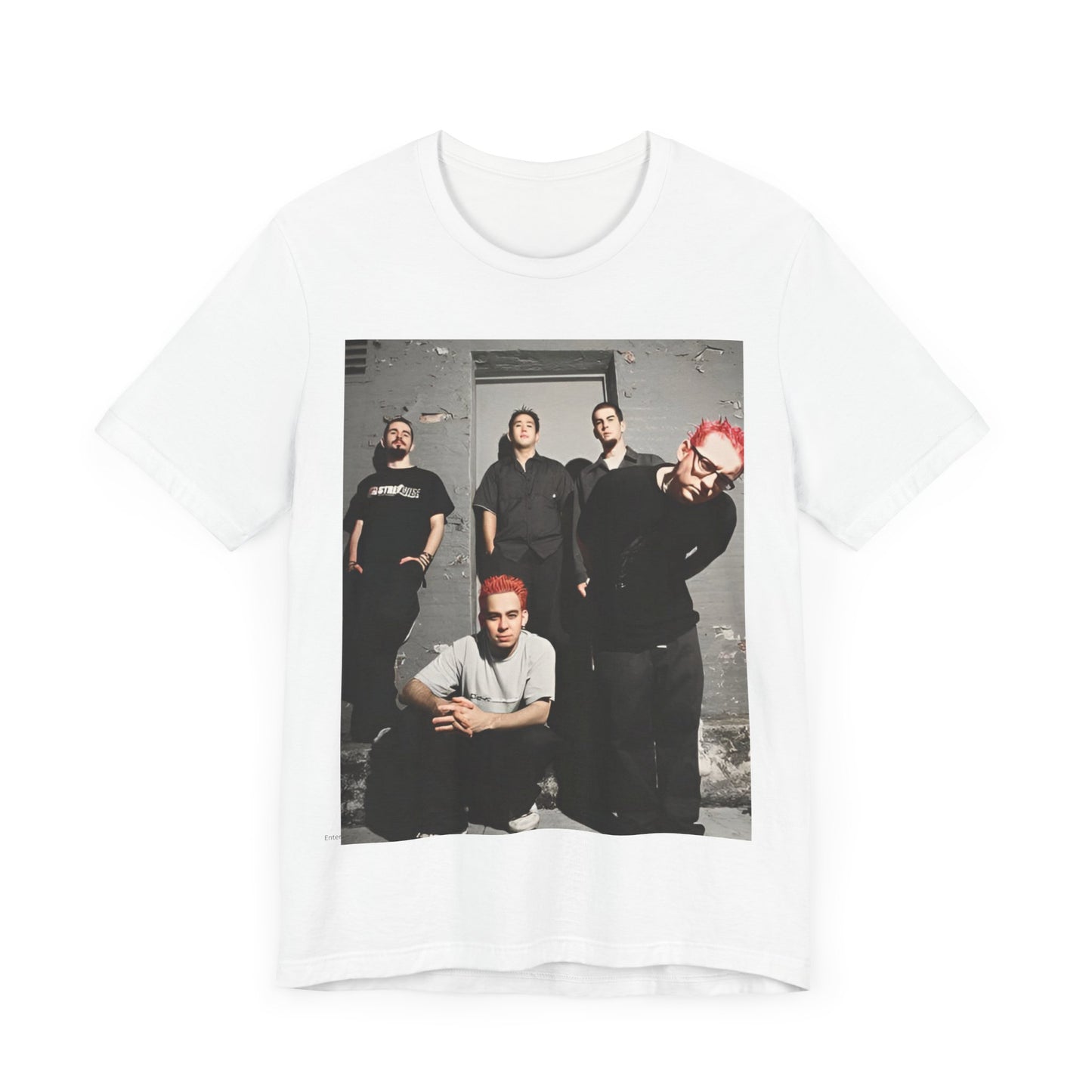 A black graphic t-shirt featuring a retro alt rock band graphic of Linkin Park.