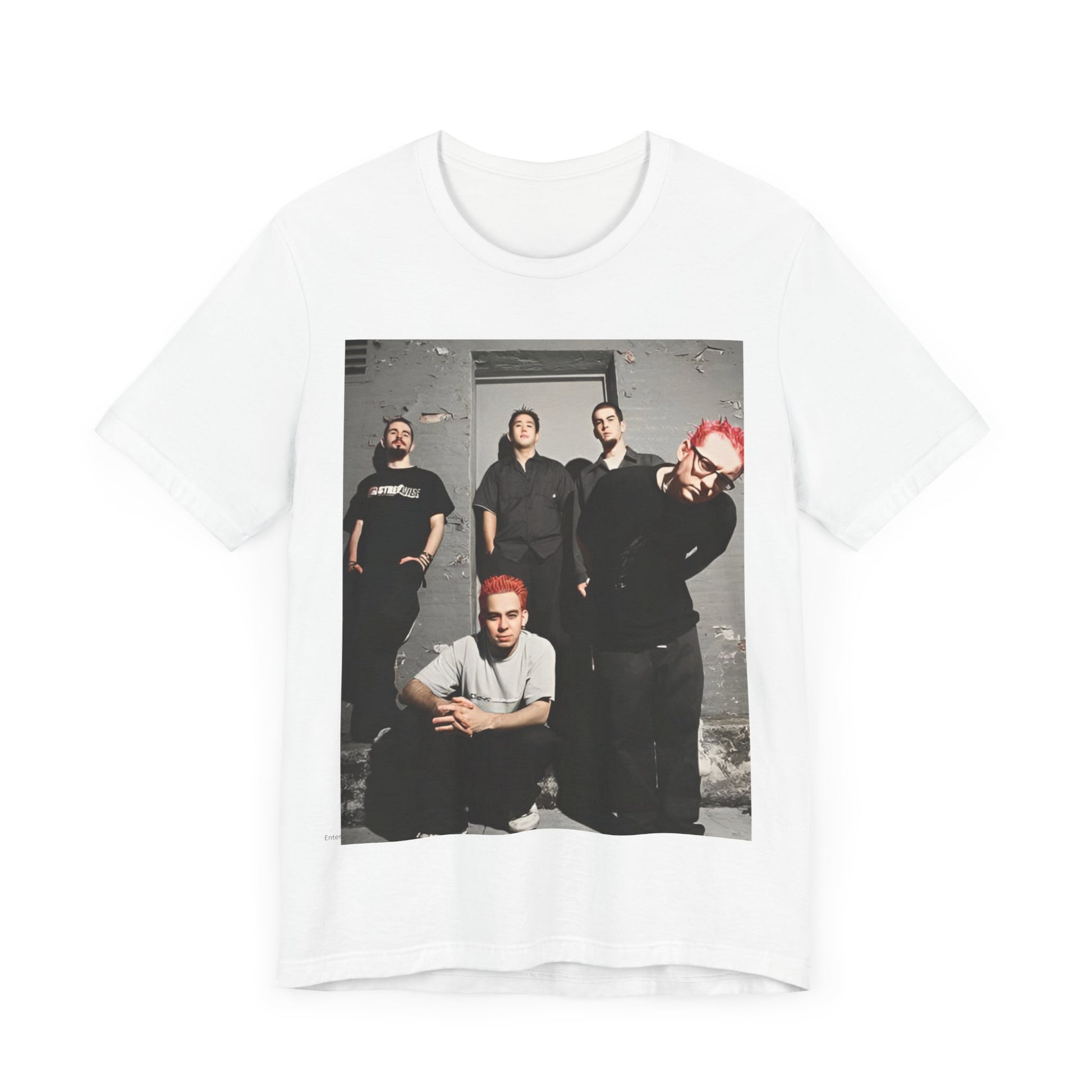 A black graphic t-shirt featuring a retro alt rock band graphic of Linkin Park.