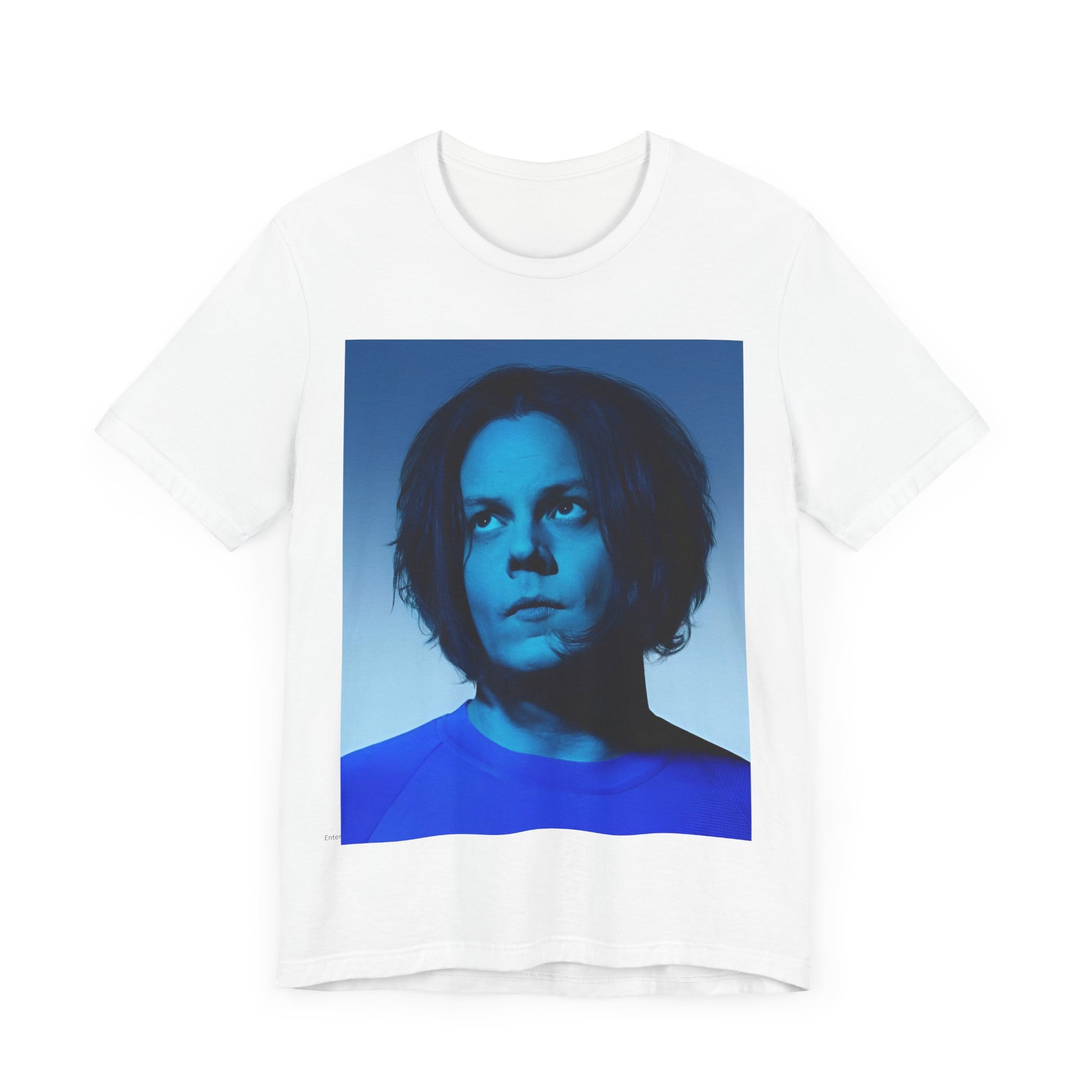 A black graphic t-shirt featuring a portrait photo of Jack White from The White Stripes.