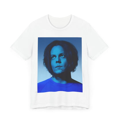 A black graphic t-shirt featuring a portrait photo of Jack White from The White Stripes.