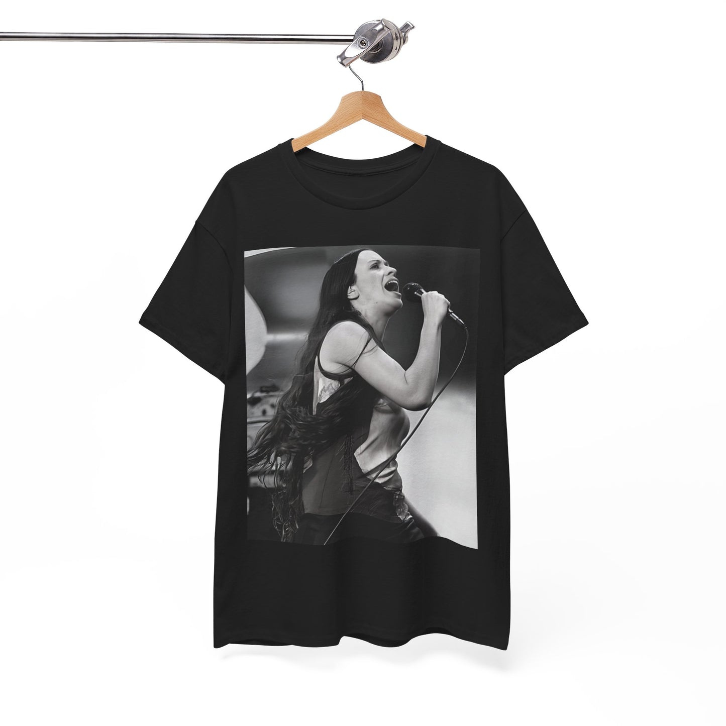 A black graphic t-shirt featuring a concert graphic for Alanis Morissette's 'Jagged Little Pill' Tour from 1995, with tour branding.