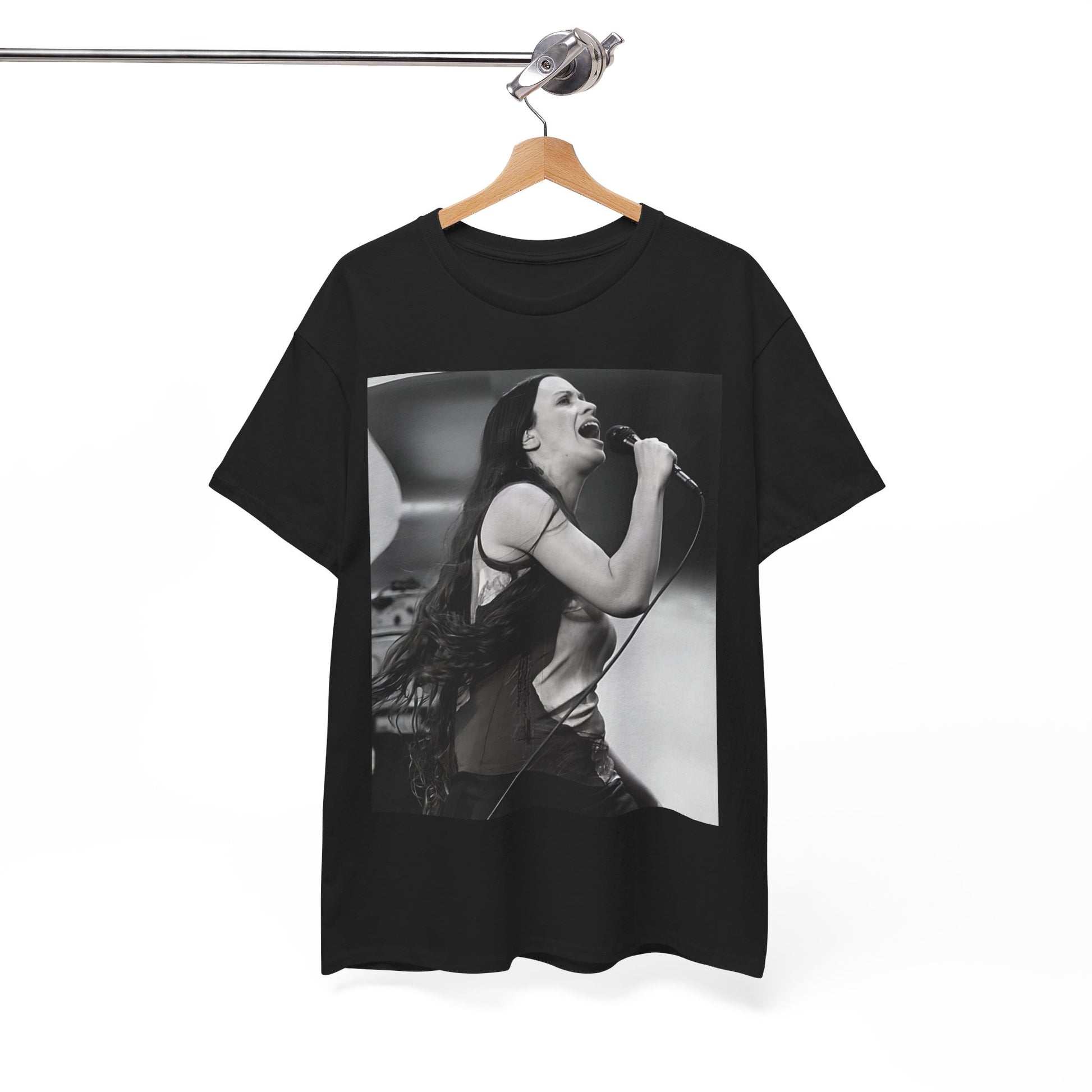 A black graphic t-shirt featuring a concert graphic for Alanis Morissette's 'Jagged Little Pill' Tour from 1995, with tour branding.