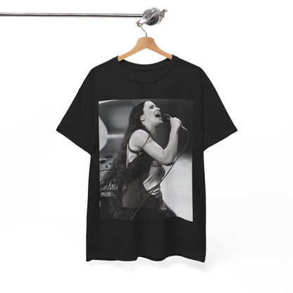 A black graphic t-shirt featuring a concert graphic for Alanis Morissette's 'Jagged Little Pill' Tour from 1995, with tour branding.