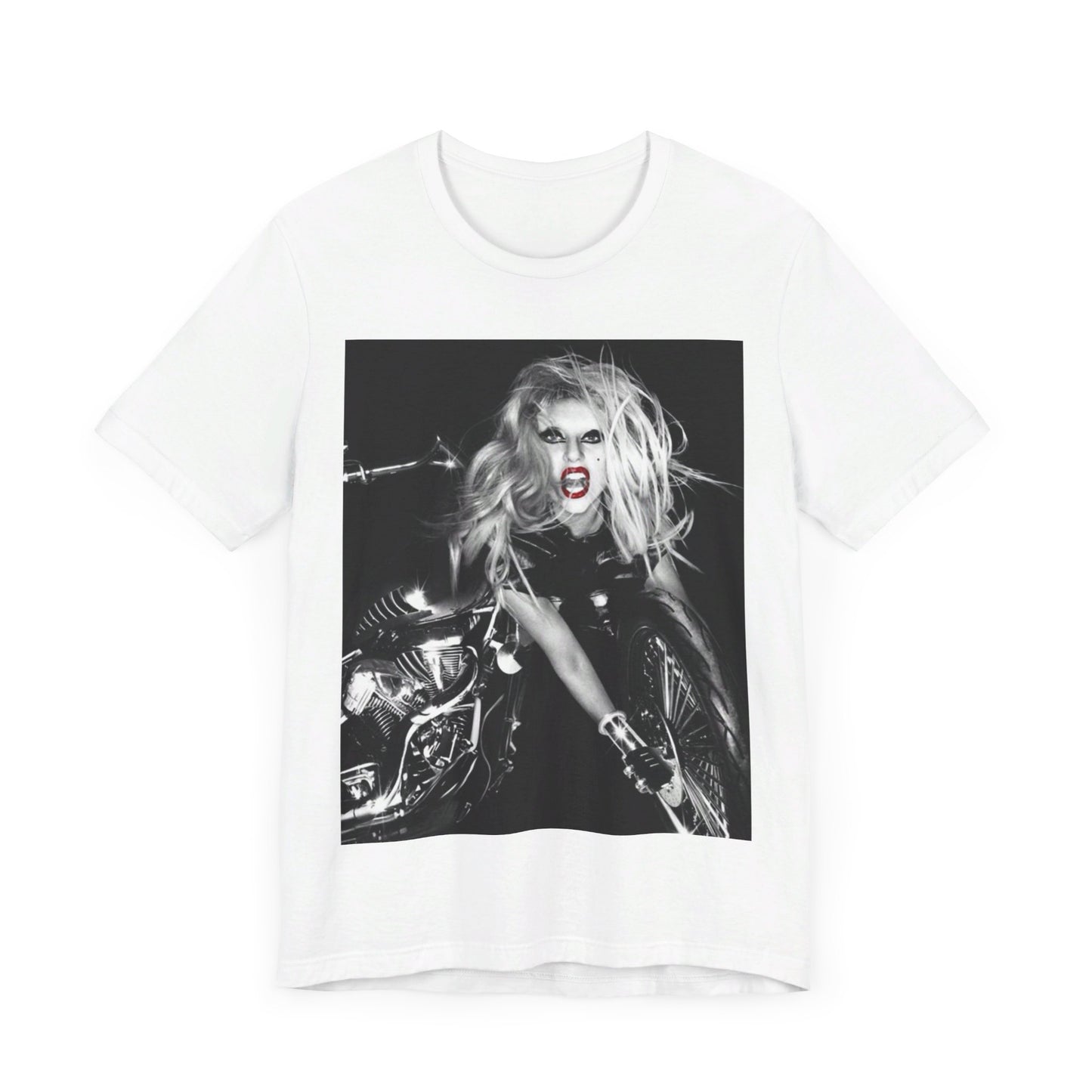 A black graphic t-shirt featuring a vintage black and white pop icon graphic of Lady Gaga.