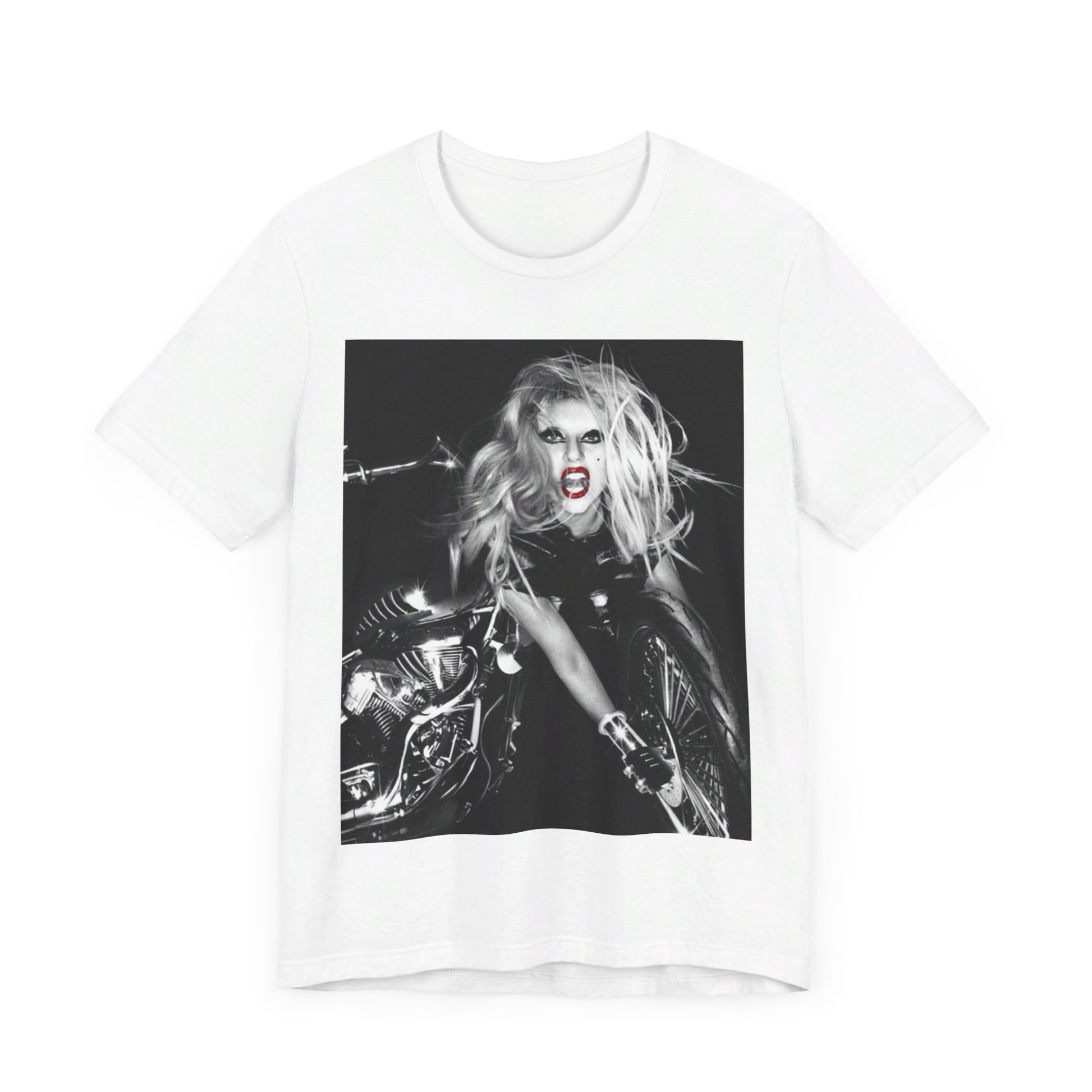 A black graphic t-shirt featuring a vintage black and white pop icon graphic of Lady Gaga.