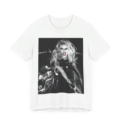 A black graphic t-shirt featuring a vintage black and white pop icon graphic of Lady Gaga.