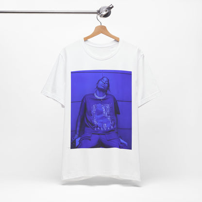 A black graphic t-shirt featuring a timeless trap star graphic of Travis Scott.