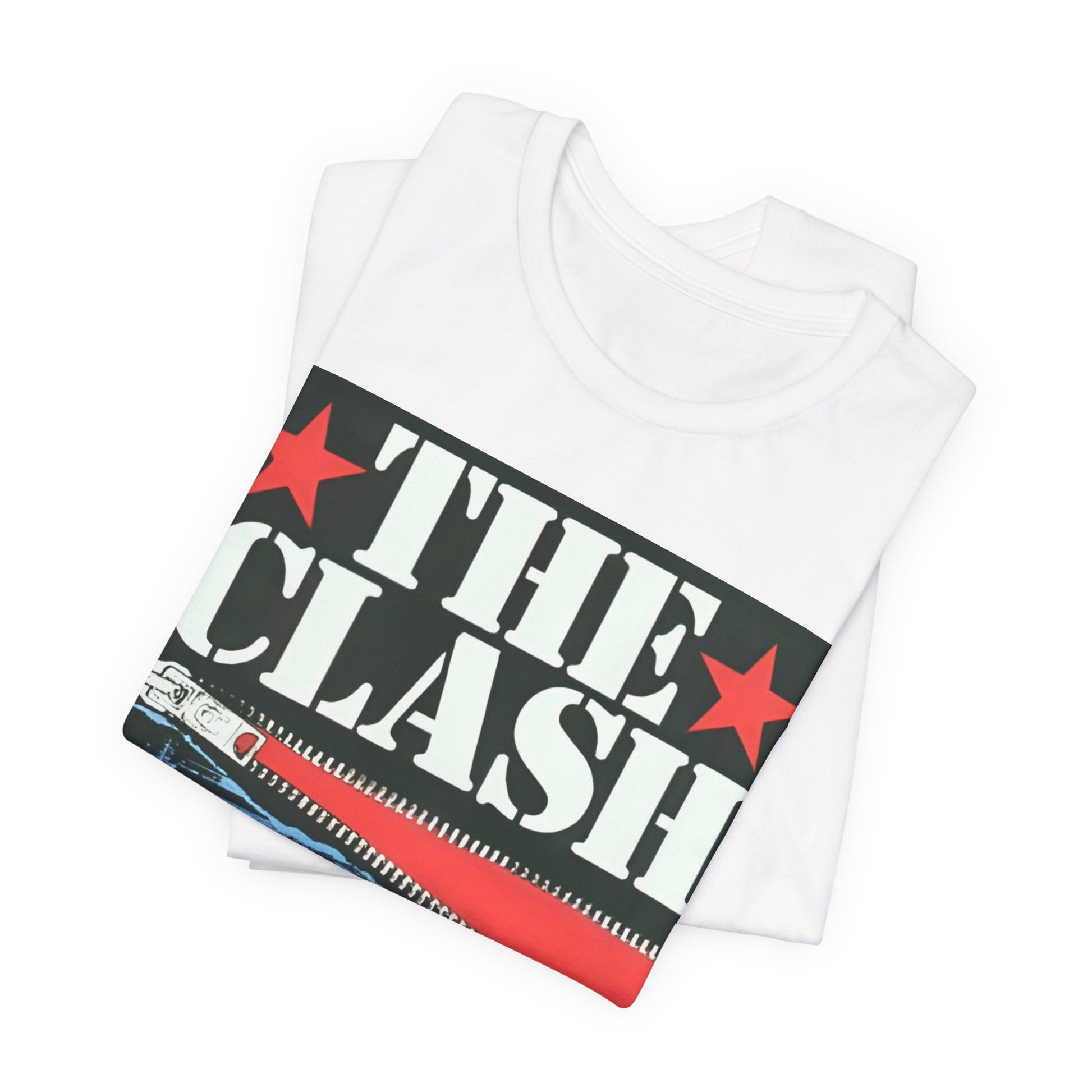 A black graphic t-shirt featuring a casual punk fan graphic of The Clash.