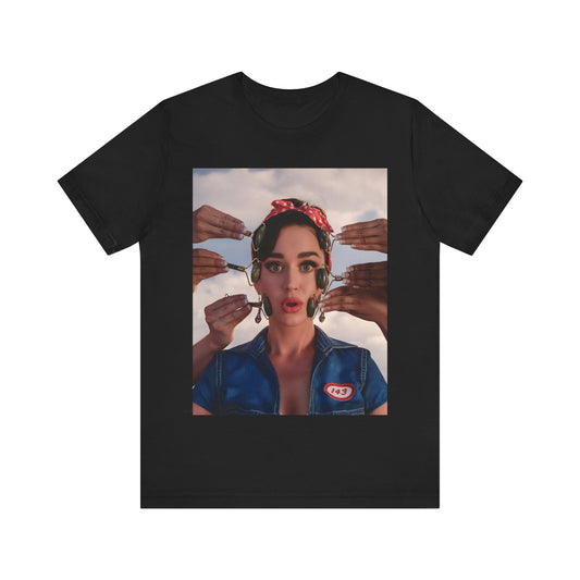 A black graphic t-shirt featuring a modern pop essential graphic of Katy Perry.