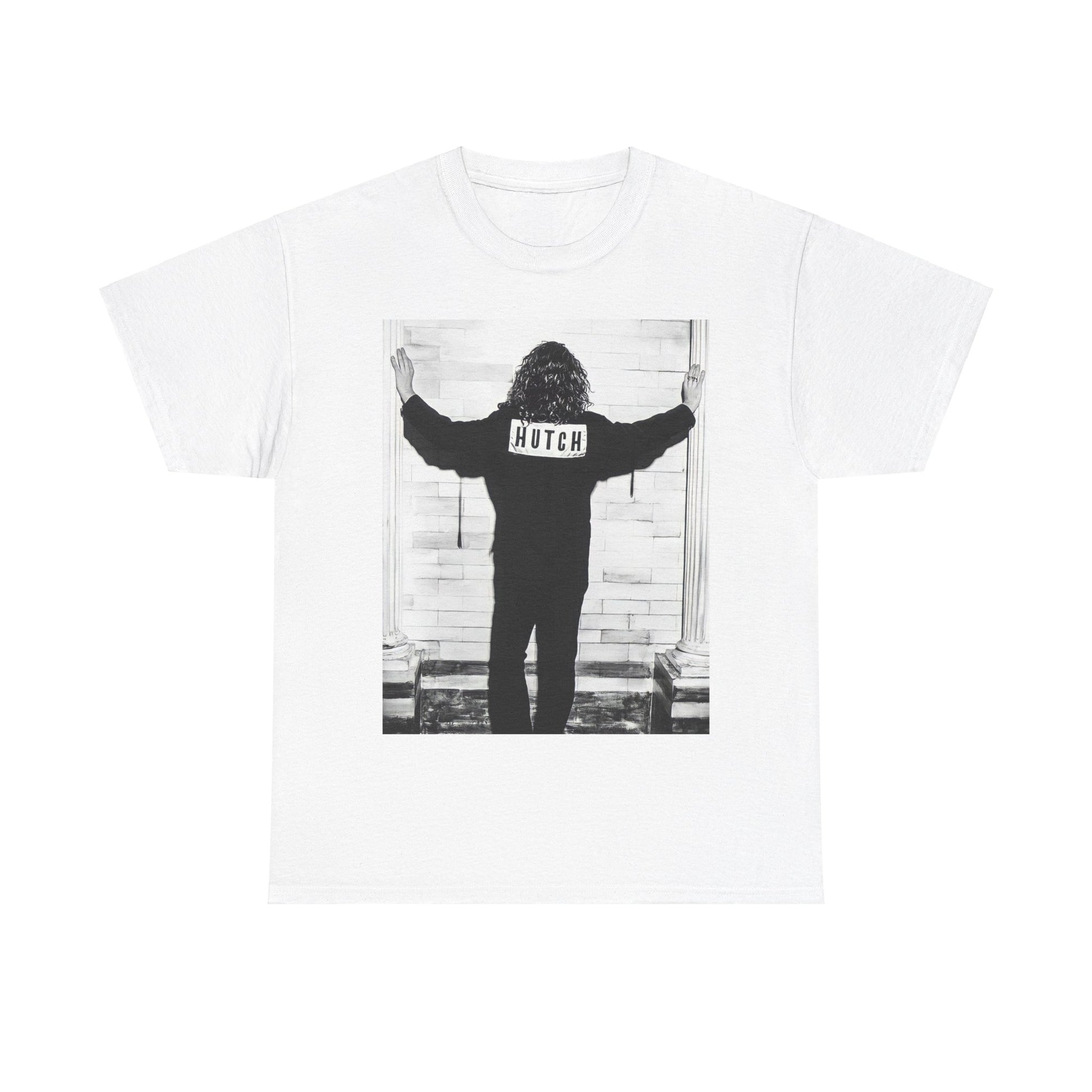 A black graphic t-shirt featuring a graphic of Michael Hutchence from INXS, labeled 'Hutch'.