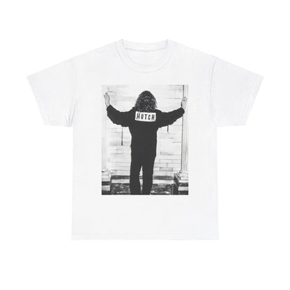 A black graphic t-shirt featuring a graphic of Michael Hutchence from INXS, labeled 'Hutch'.