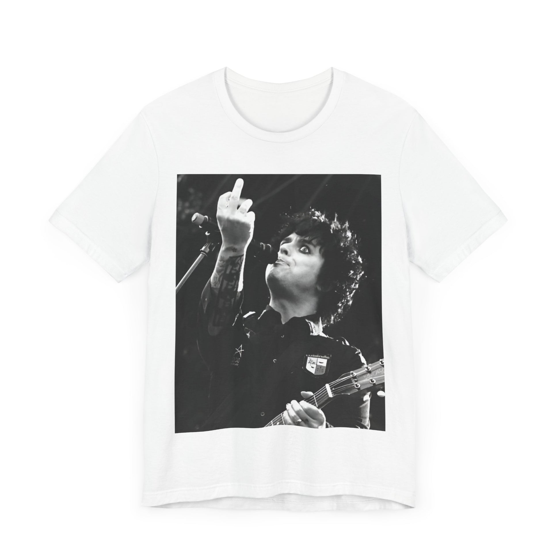 A black graphic t-shirt featuring a graphic of Billie Joe Armstrong from Green Day giving the middle finger during a concert.