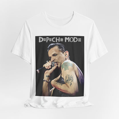 A black graphic t-shirt featuring a graphic of Dave Gahan from Depeche Mode, emphasizing his dynamic stage presence.