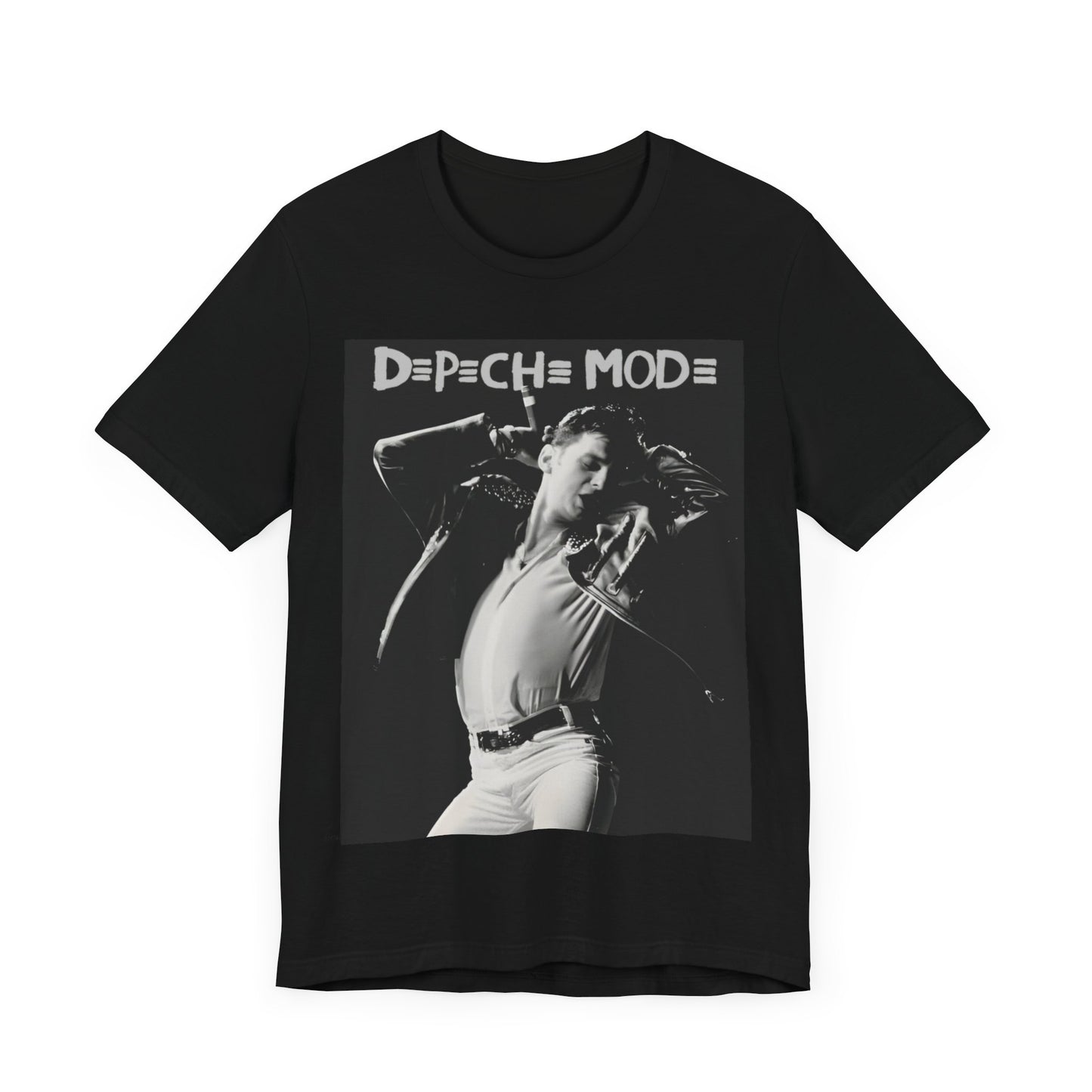 A black graphic t-shirt featuring a black and white graphic or photo of Depeche Mode performing live on stage.
