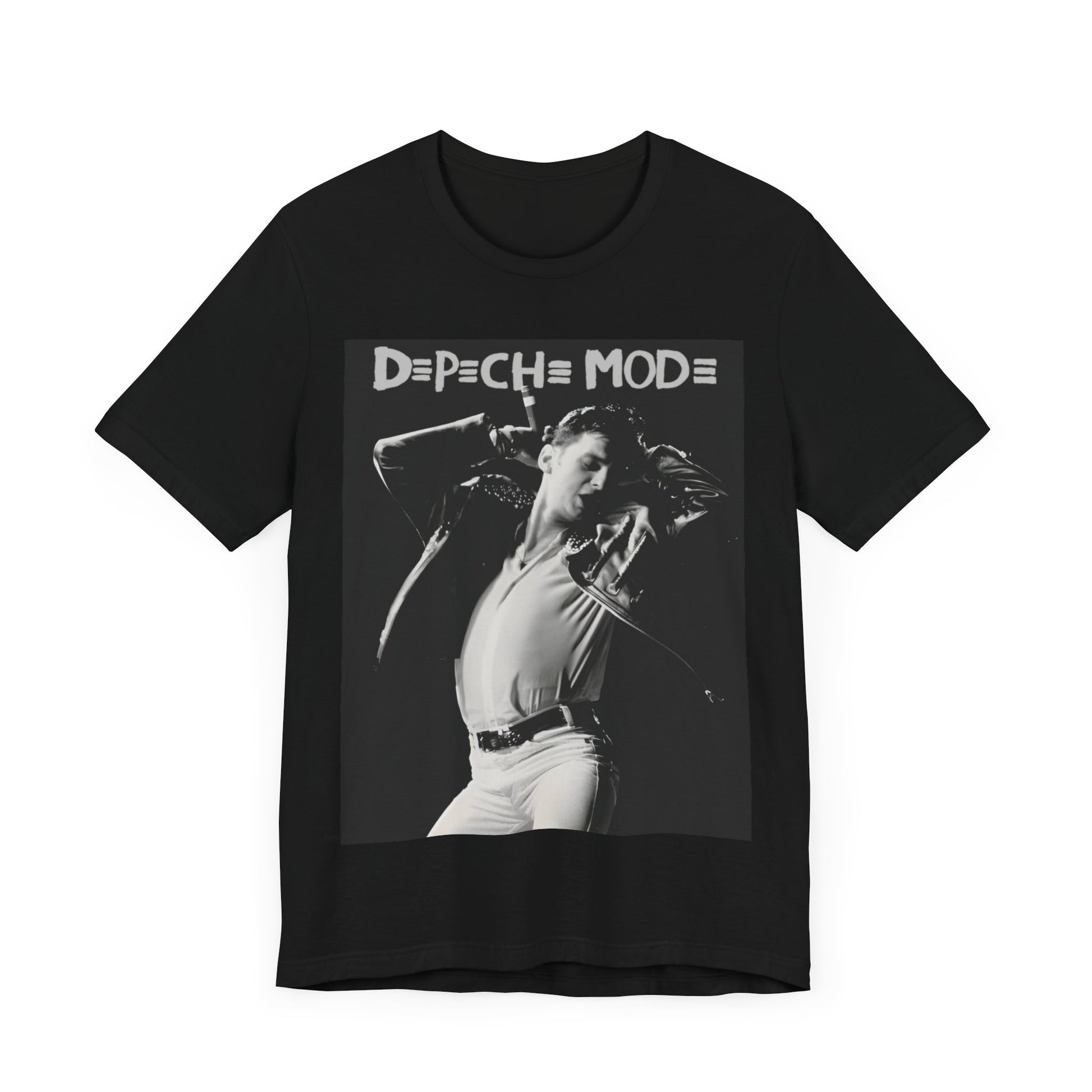 A black graphic t-shirt featuring a black and white graphic or photo of Depeche Mode performing live on stage.