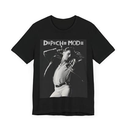 A black graphic t-shirt featuring a black and white graphic or photo of Depeche Mode performing live on stage.