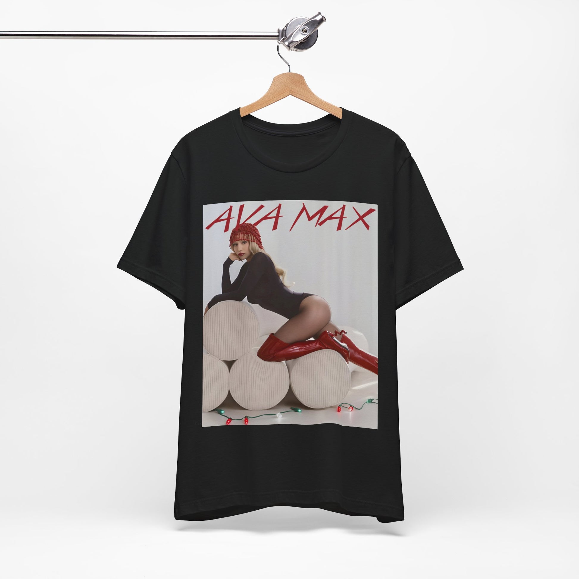 A black graphic t-shirt featuring an artistic or aesthetic graphic of Ava Max.