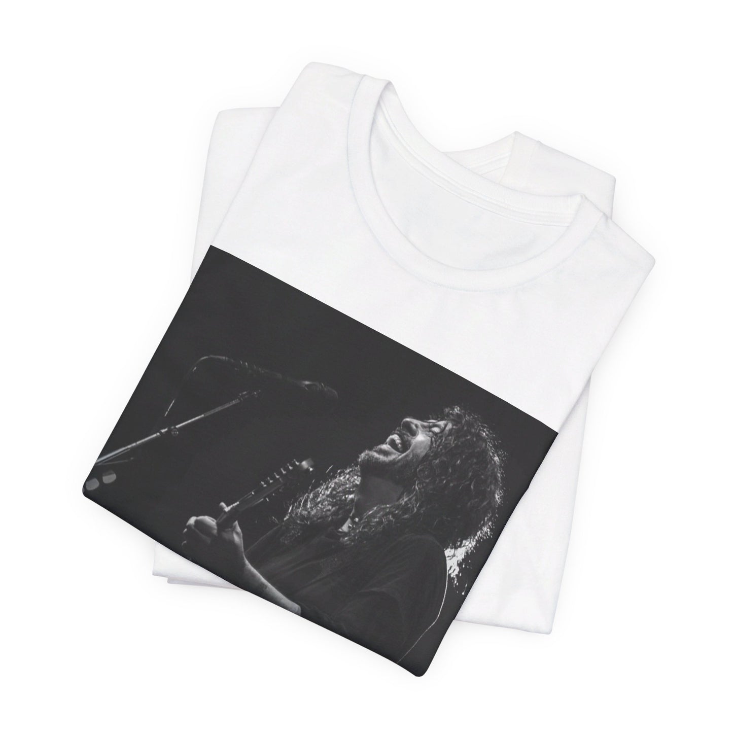 A black graphic t-shirt featuring a graphic of Dave Grohl from Foo Fighters as a rock legend.