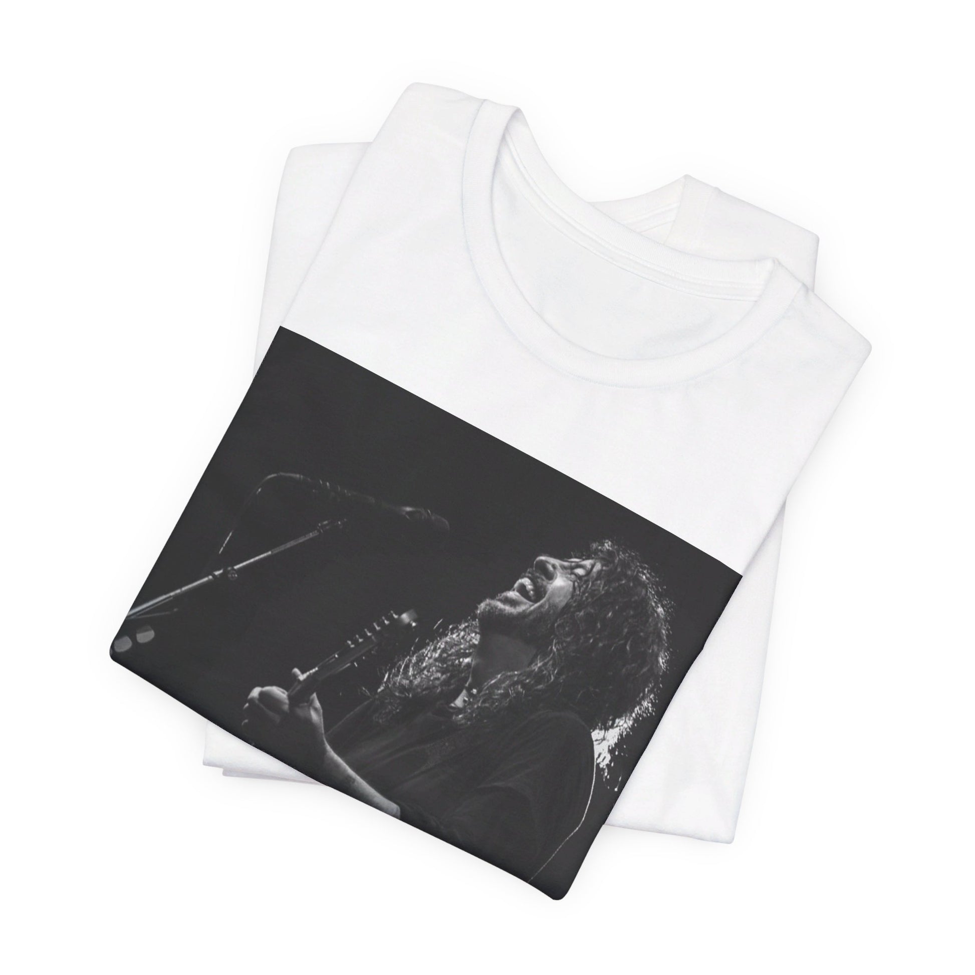 A black graphic t-shirt featuring a graphic of Dave Grohl from Foo Fighters as a rock legend.