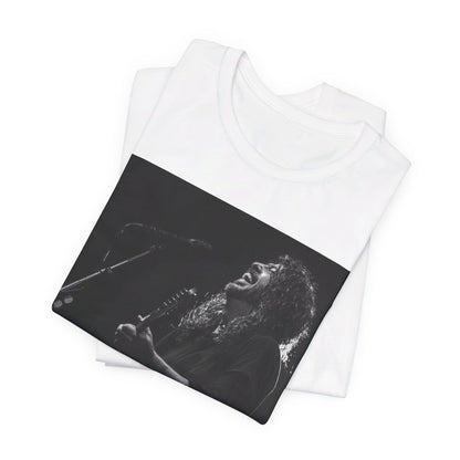 A black graphic t-shirt featuring a graphic of Dave Grohl from Foo Fighters as a rock legend.