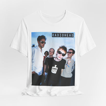 A black graphic t-shirt featuring a vintage alt rock graphic of Radiohead.