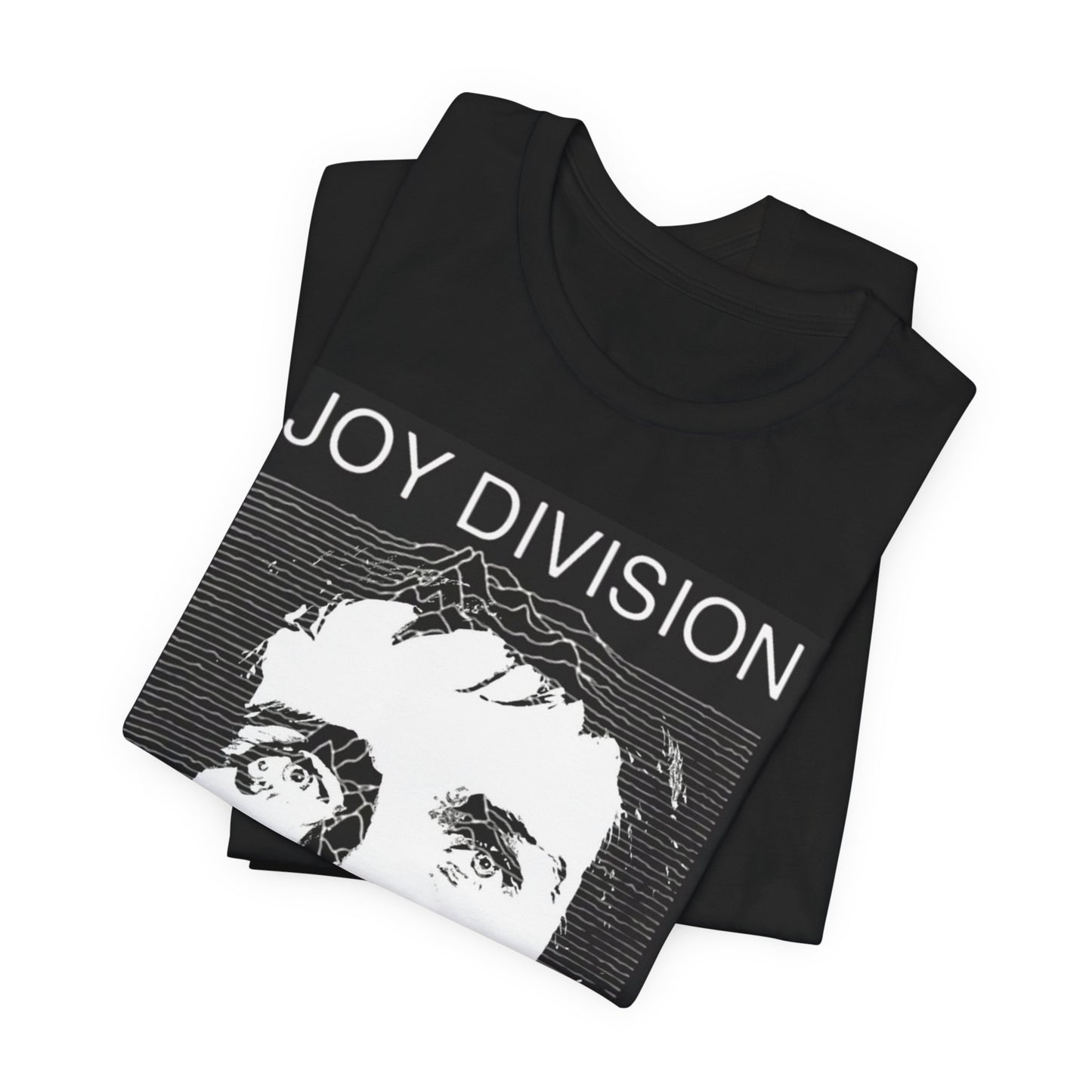 A black graphic t-shirt featuring iconic album art graphic of Joy Division.