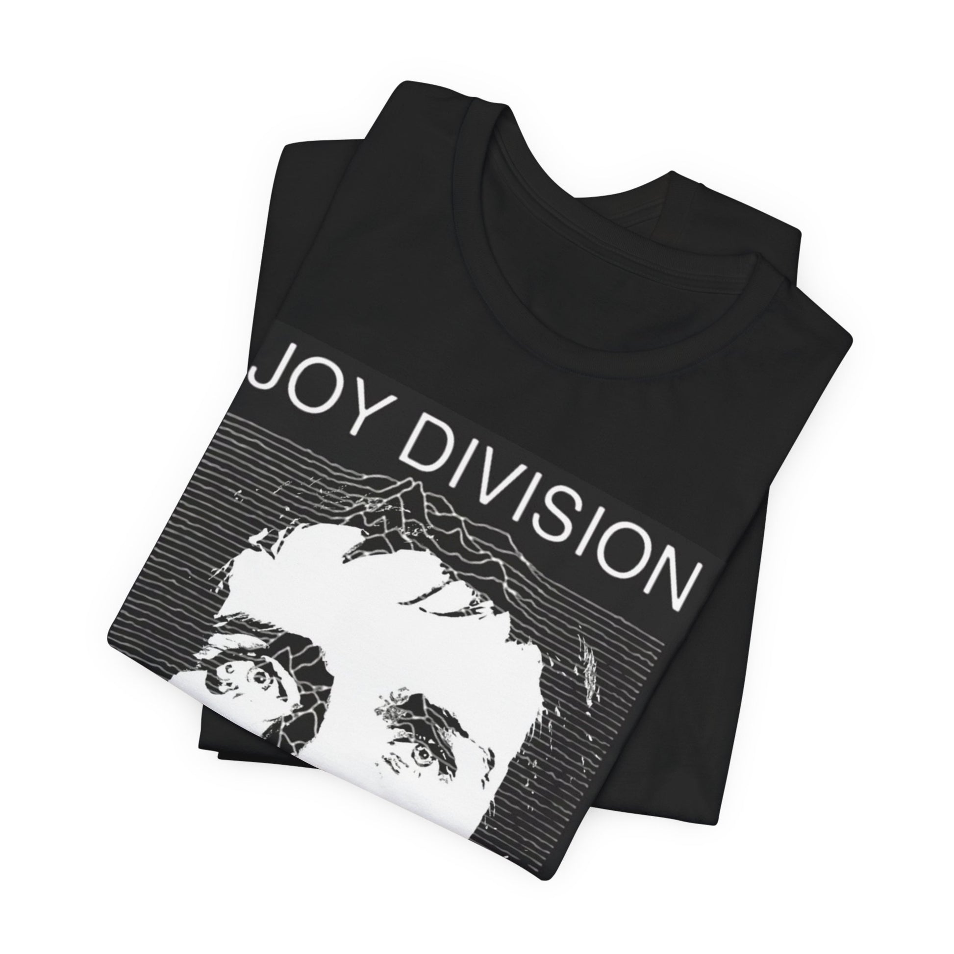 A black graphic t-shirt featuring iconic album art graphic of Joy Division.