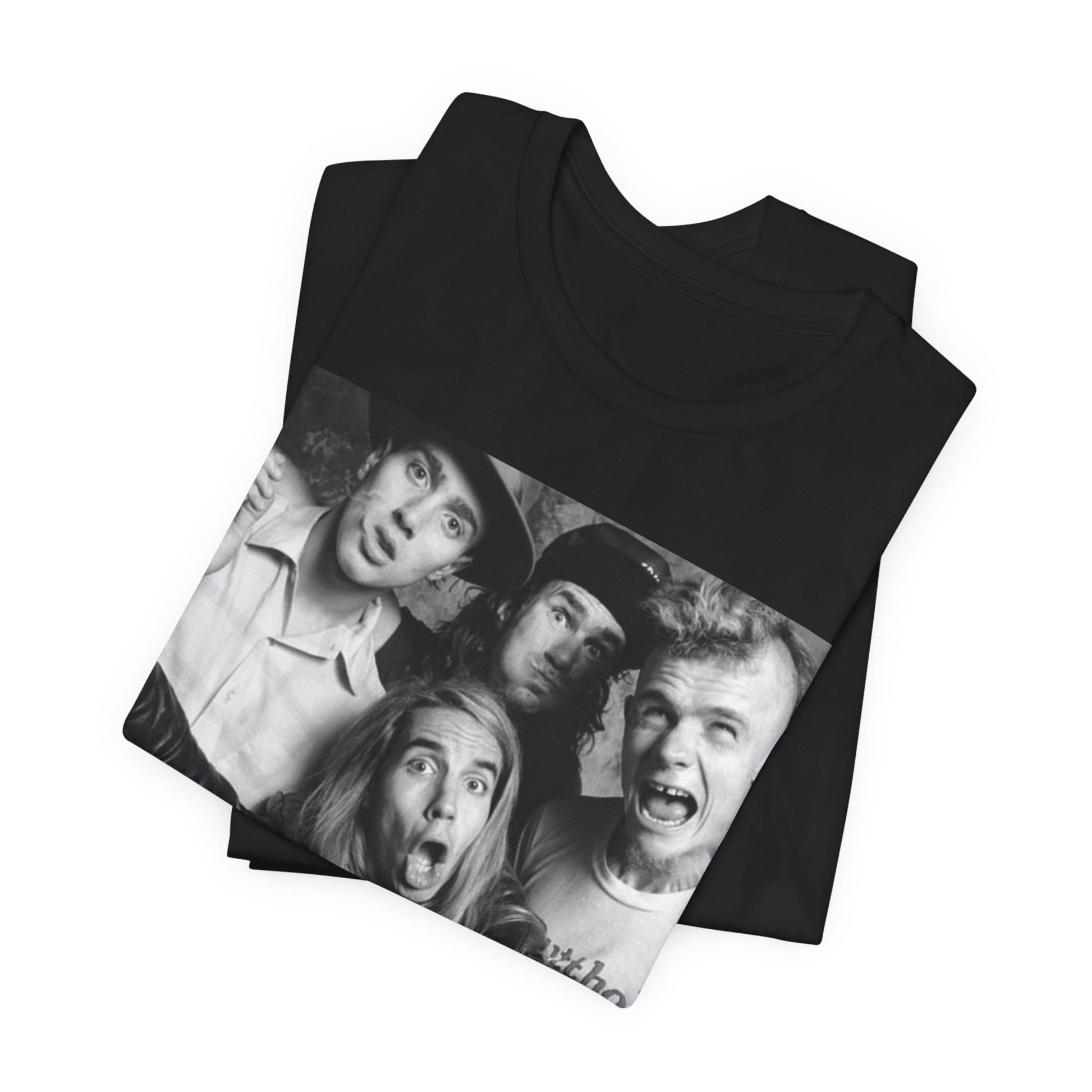 A black graphic t-shirt featuring an early days energy graphic of Red Hot Chili Peppers.