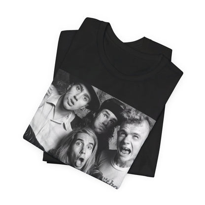 A black graphic t-shirt featuring an early days energy graphic of Red Hot Chili Peppers.