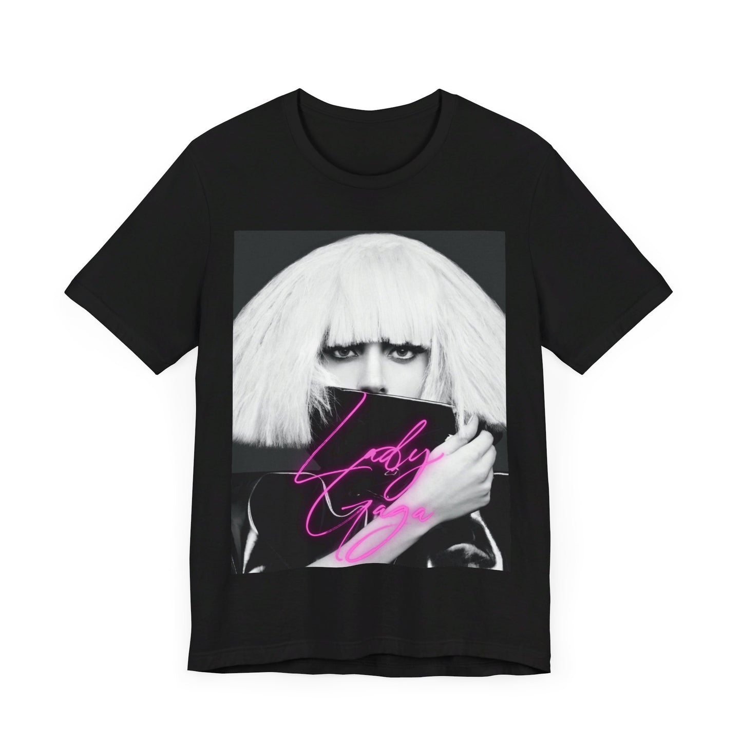 A black graphic t-shirt featuring a graphic related to Lady Gaga's 'Chromatica' album era.