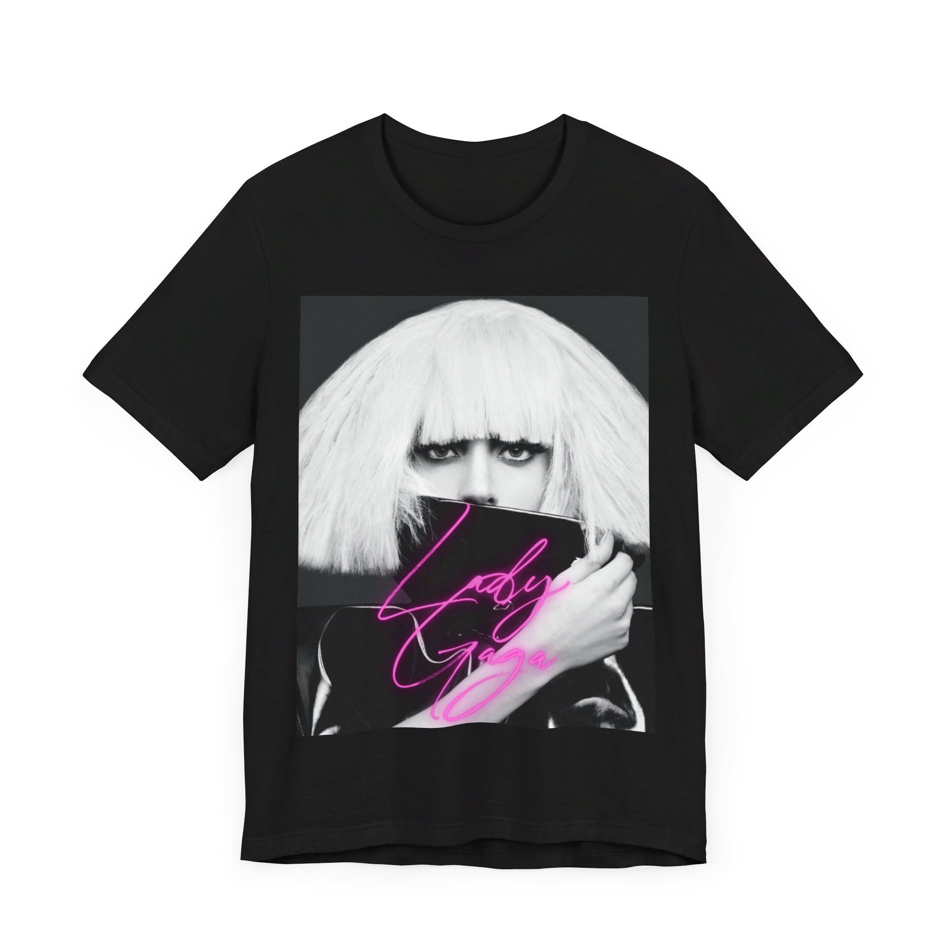 A black graphic t-shirt featuring a graphic related to Lady Gaga's 'Chromatica' album era.