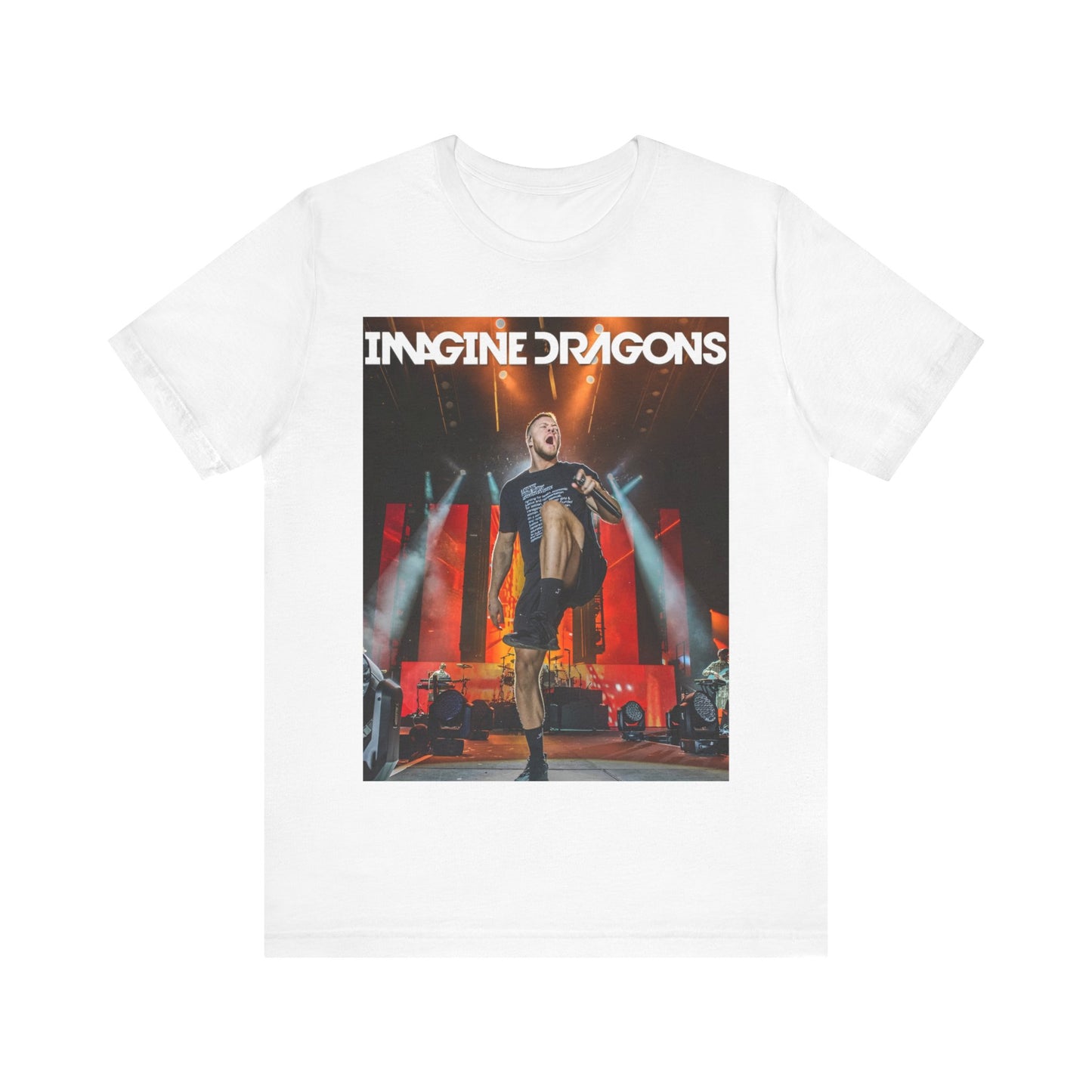 A black graphic t-shirt featuring a graphic or photo of Imagine Dragons performing live on stage.
