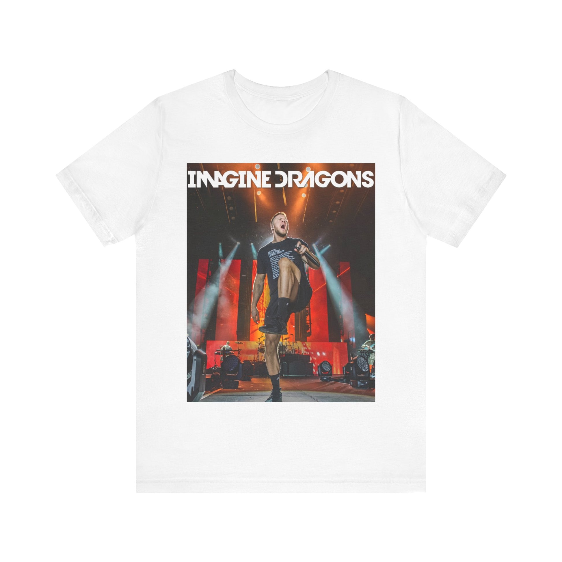 A black graphic t-shirt featuring a graphic or photo of Imagine Dragons performing live on stage.